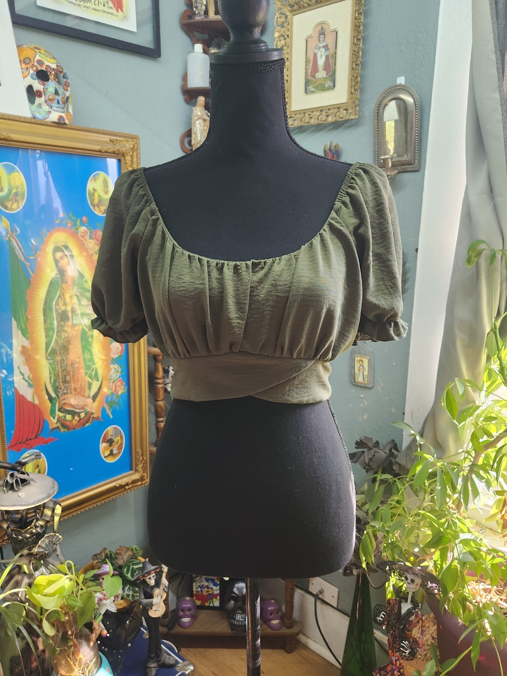 Altar'd State Olive Green Puff-Sleeve Cropped Wrap Top